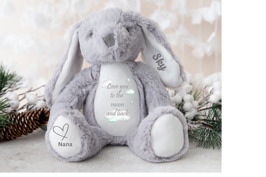 New Baby Gift, Love You To Moon Quote, Personalised Plush Bunny,Personalised Keepsake Plush Bear, Baby Shower Gift.