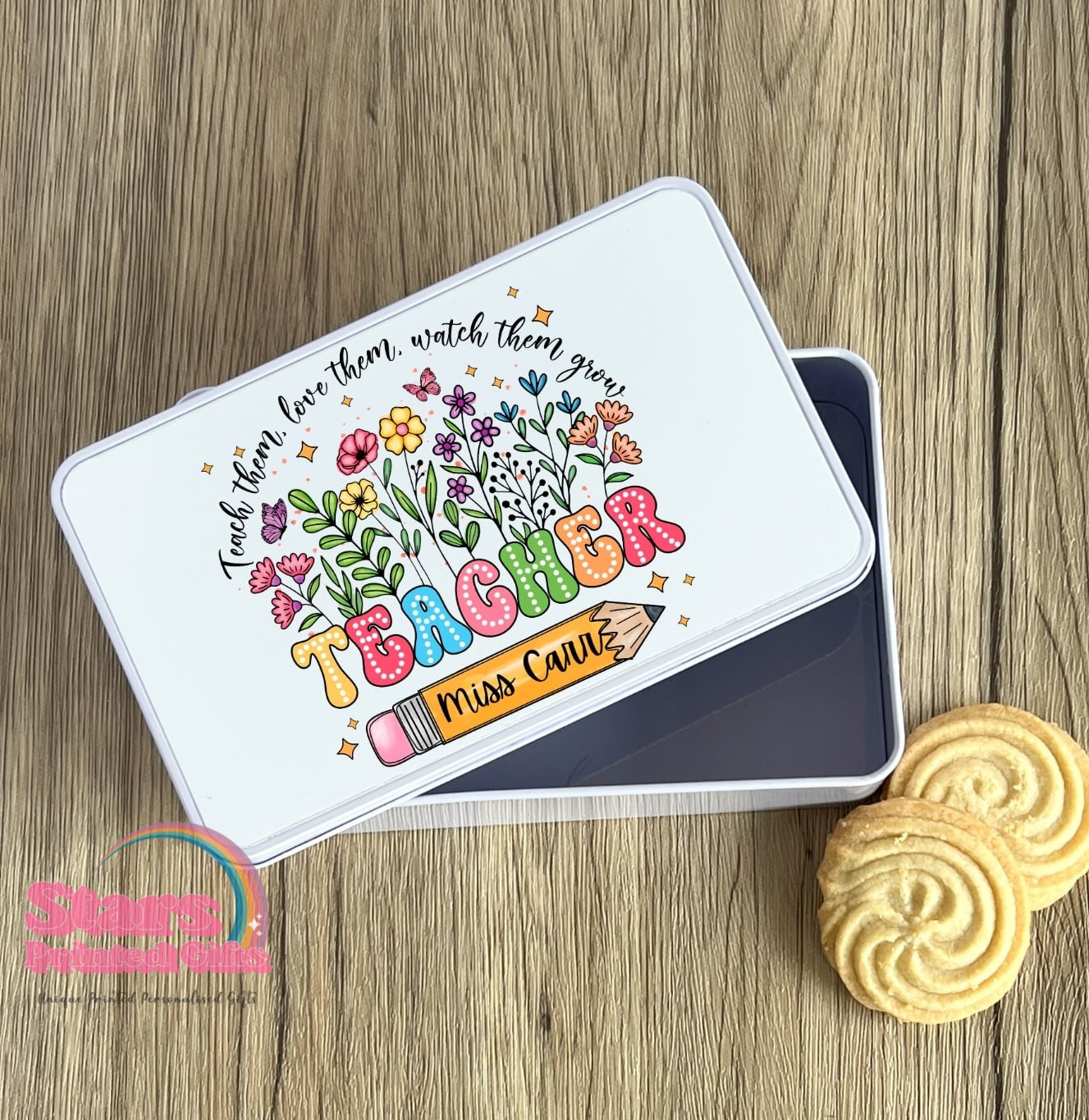 Personalised Teacher Metal Tin Box | Custom Rectangle Pencil Tin for Stickers, Pens & Pencils | Stationery Storage Box |Teacher Pencil