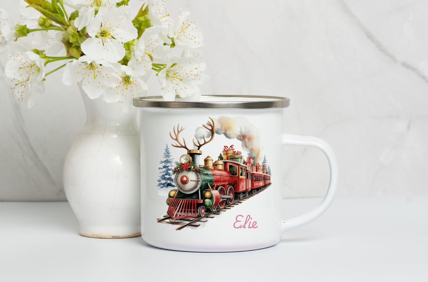 Personalised Enamel Mug ,Kids Christmas Mug, Christmas Eve Box Gift, 1st December Box Gift, Custom Camping Mug, Cup For Kids- Christmas Train