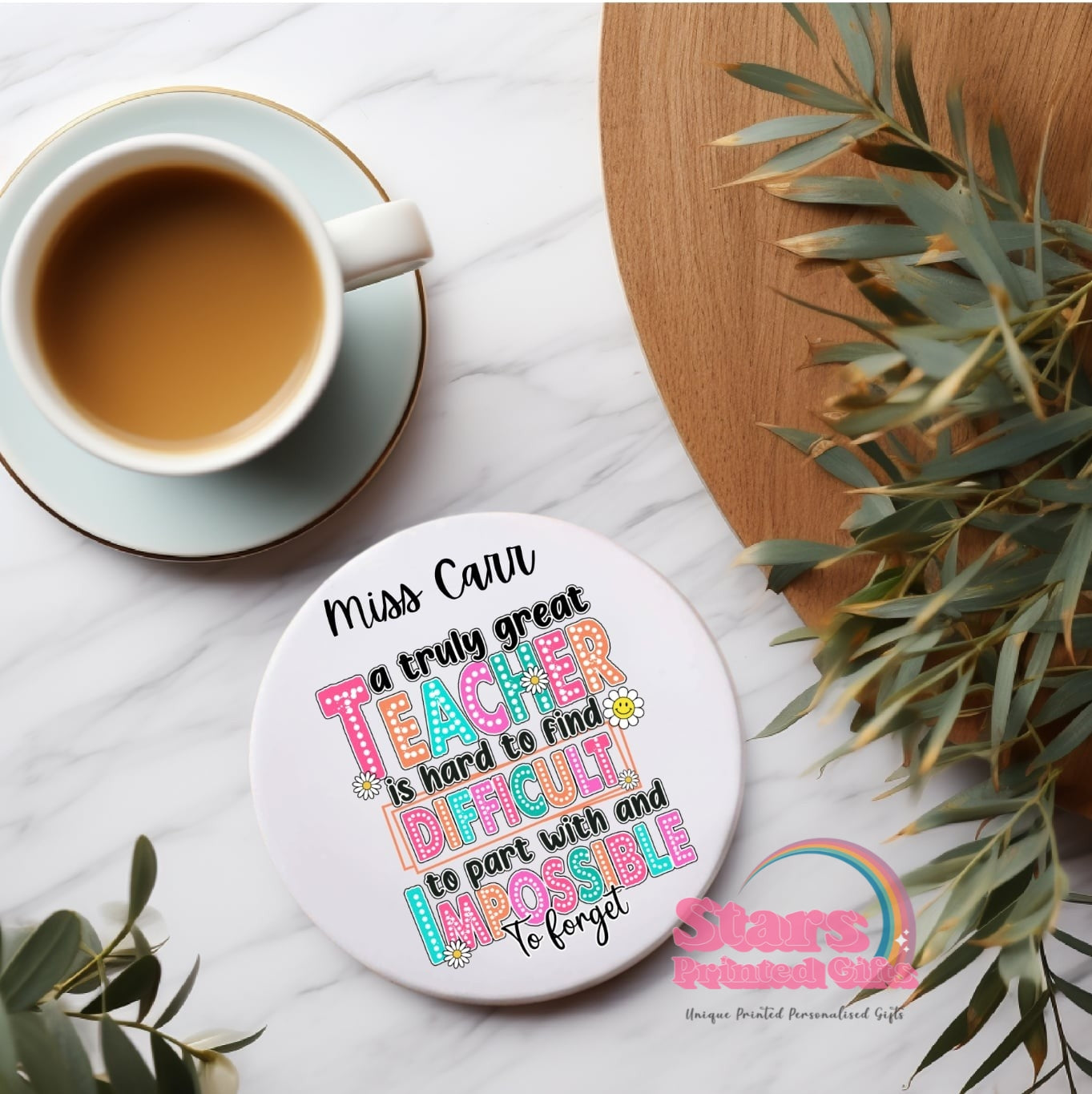 Personalised Teacher Ceramic Coaster, Custom Name Gift for Teachers, End of Year Gift, Desk Decor - Teacher