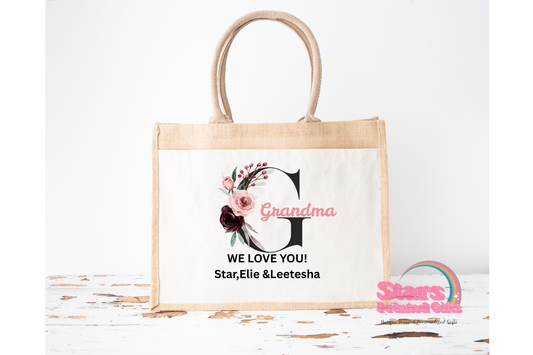 Mother's Day Gift, Personalised Jute Tote Bag, Grandma/ Nana / Mum We Love you Bag.
