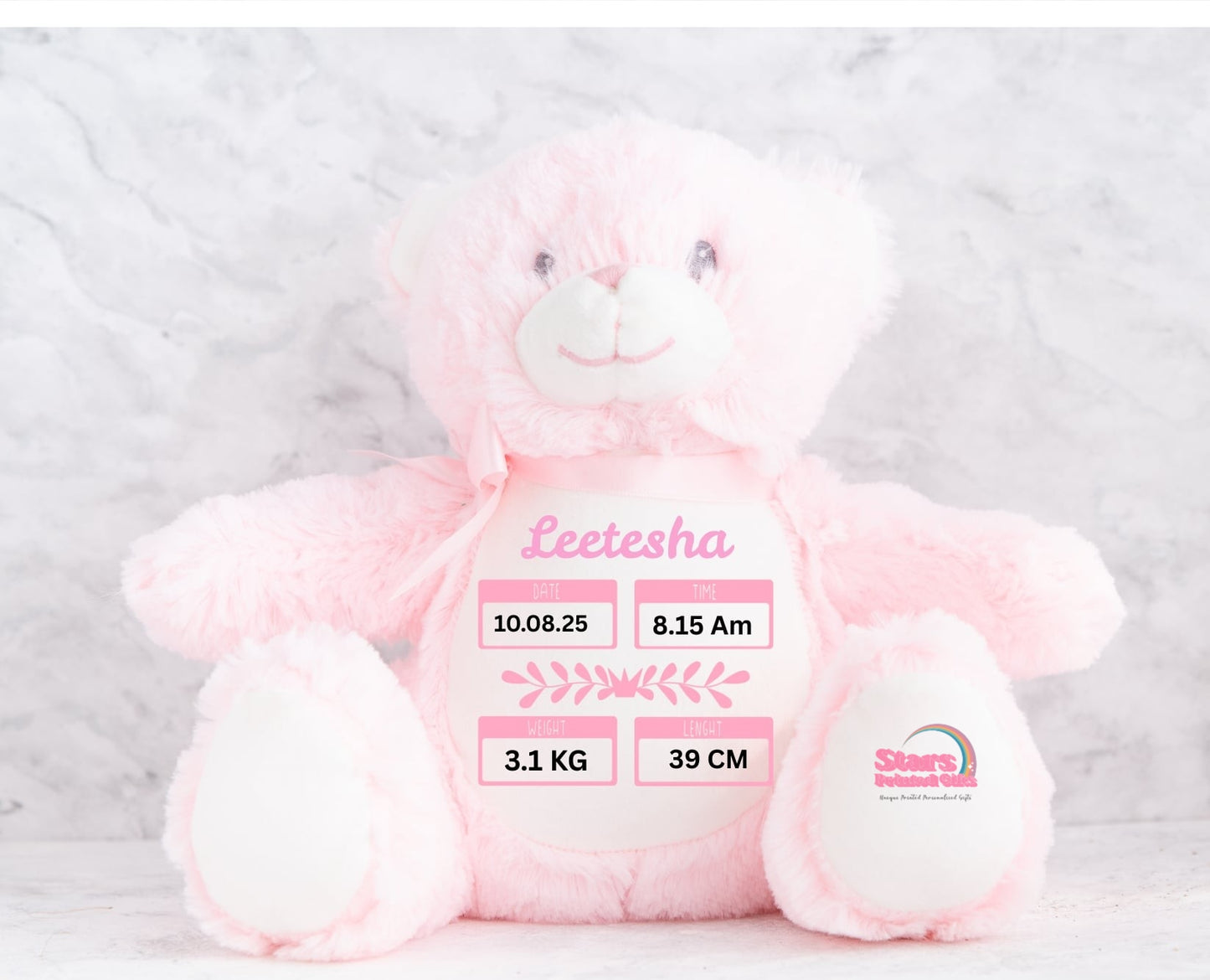 Personalised Birth stat Plush , Custom Printed Keepsake Bear, Baby Announcement Bear
