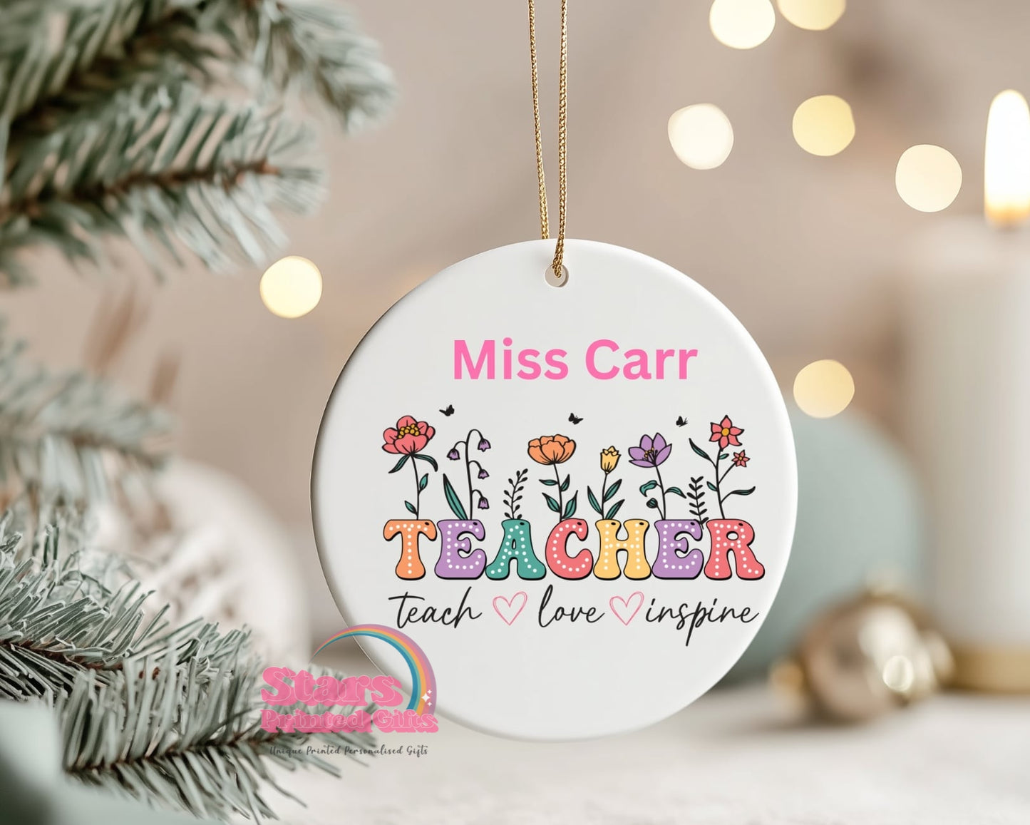 Personalised Teacher Ornament – Custom Ceramic or Aluminium Ornament – Teacher Christmas Keepsake Decoration – Teach Love Inspire