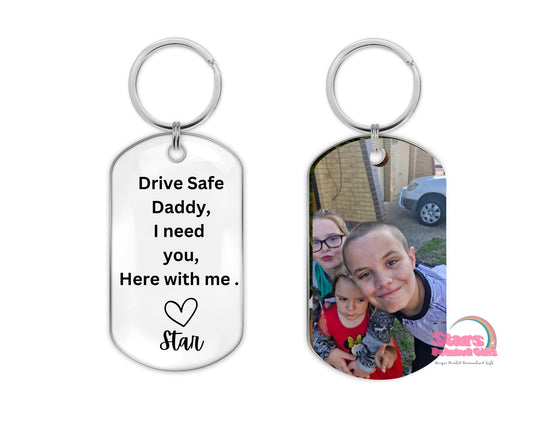 Personalised Dog Tag Keyring, Custom Photo & Name Keychain, Custom Printed Gift- Drive Safe