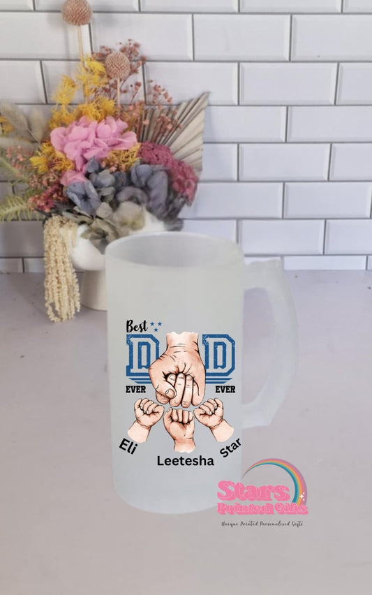 Personalised Beer Stein For Dad, Custom Name Printed Glass, Father's Day Gift, Upto 6 Kids Names.