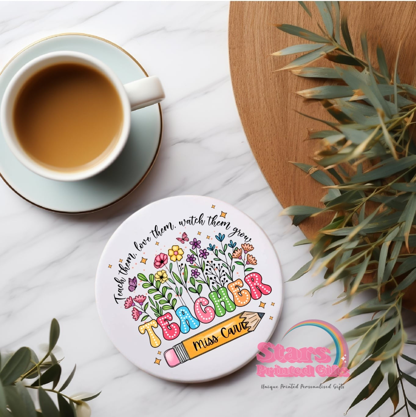 Personalised Teacher Ceramic Coaster – Teacher Pencil | Custom Name Gift for Teachers, End of Year Gift, Desk Decor - Teacher