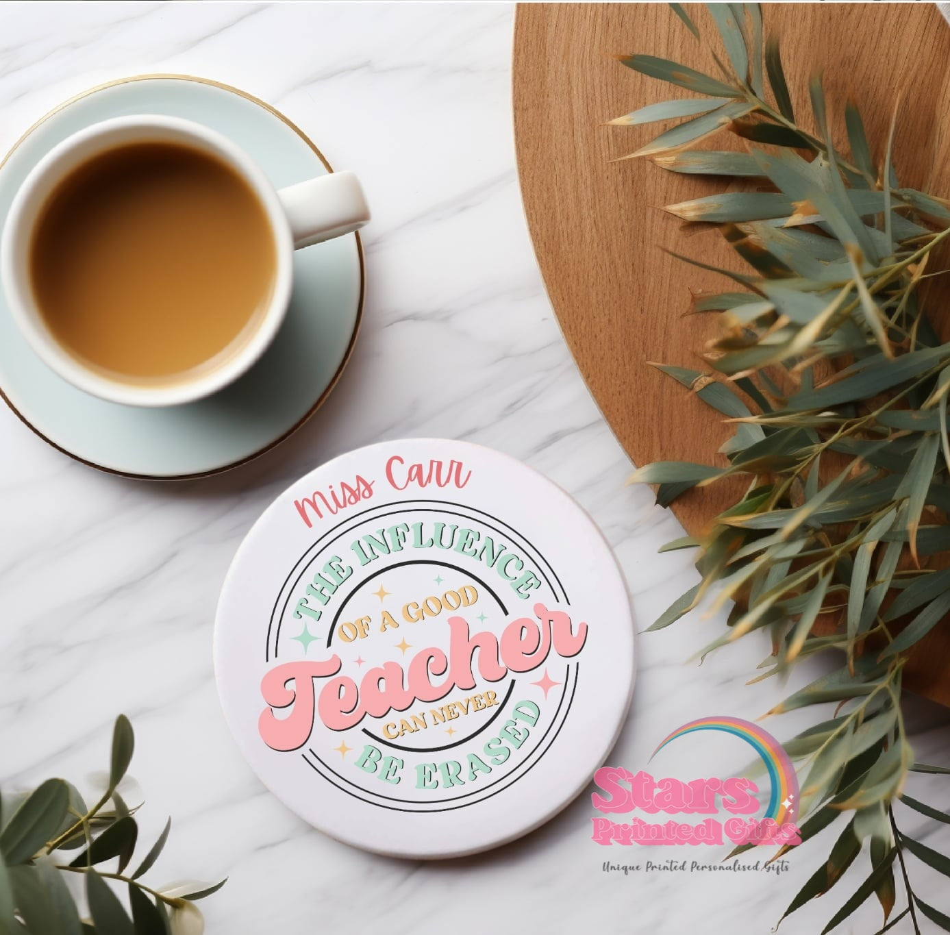 Personalised Teacher Ceramic Coaster | Custom Name Gift for Teachers, End of Year Gift, Desk Decor