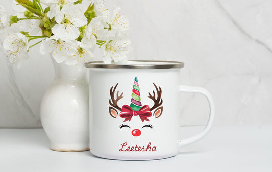 Personalised Enamel Mug ,Kids Christmas Mug, Christmas Eve Box Gift, 1st December Box Gift, Custom Camping Mug, Cup For Kids- Christmas Unicorn