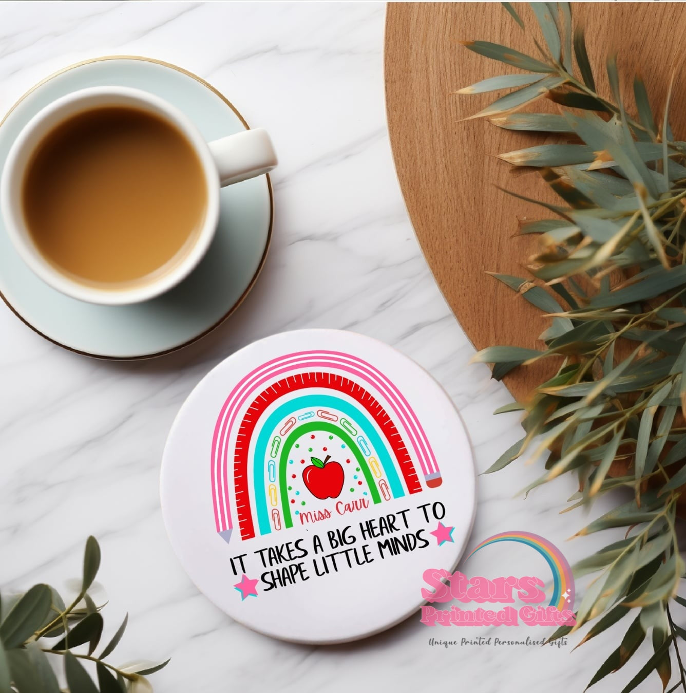 Personalised Teacher Ceramic Coaster | Custom Name Gift for Teachers, End of Year Gift, Desk Decor - Teacher Rainbow
