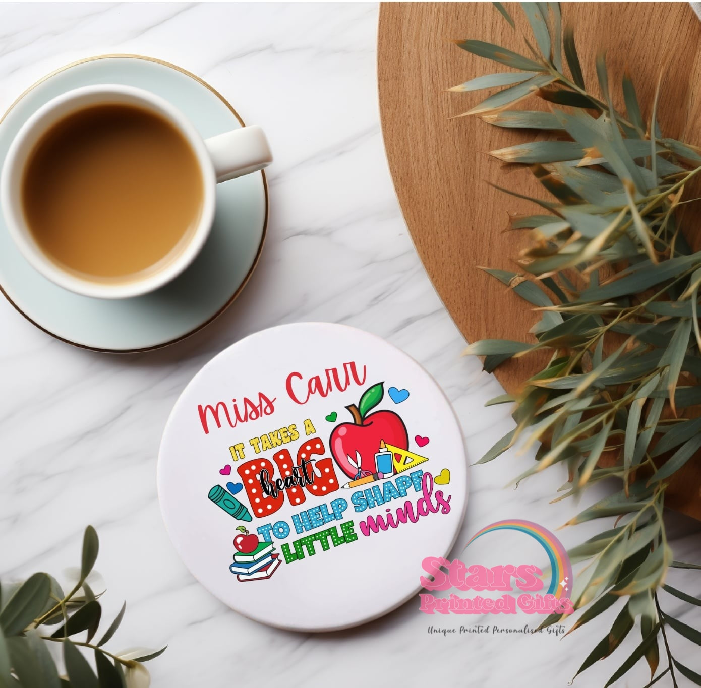 Personalised Teacher Ceramic Coaster | Custom Name Gift for Teachers, End of Year Gift, Desk Decor - Big Heart