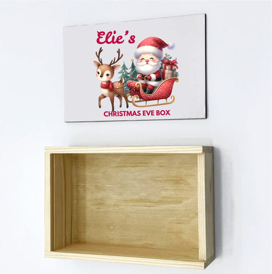 Christmas Eve Personalised Wooden Box With Sliding Lid, Two Sizes, 1st December Custom Box- Reindeer Santa