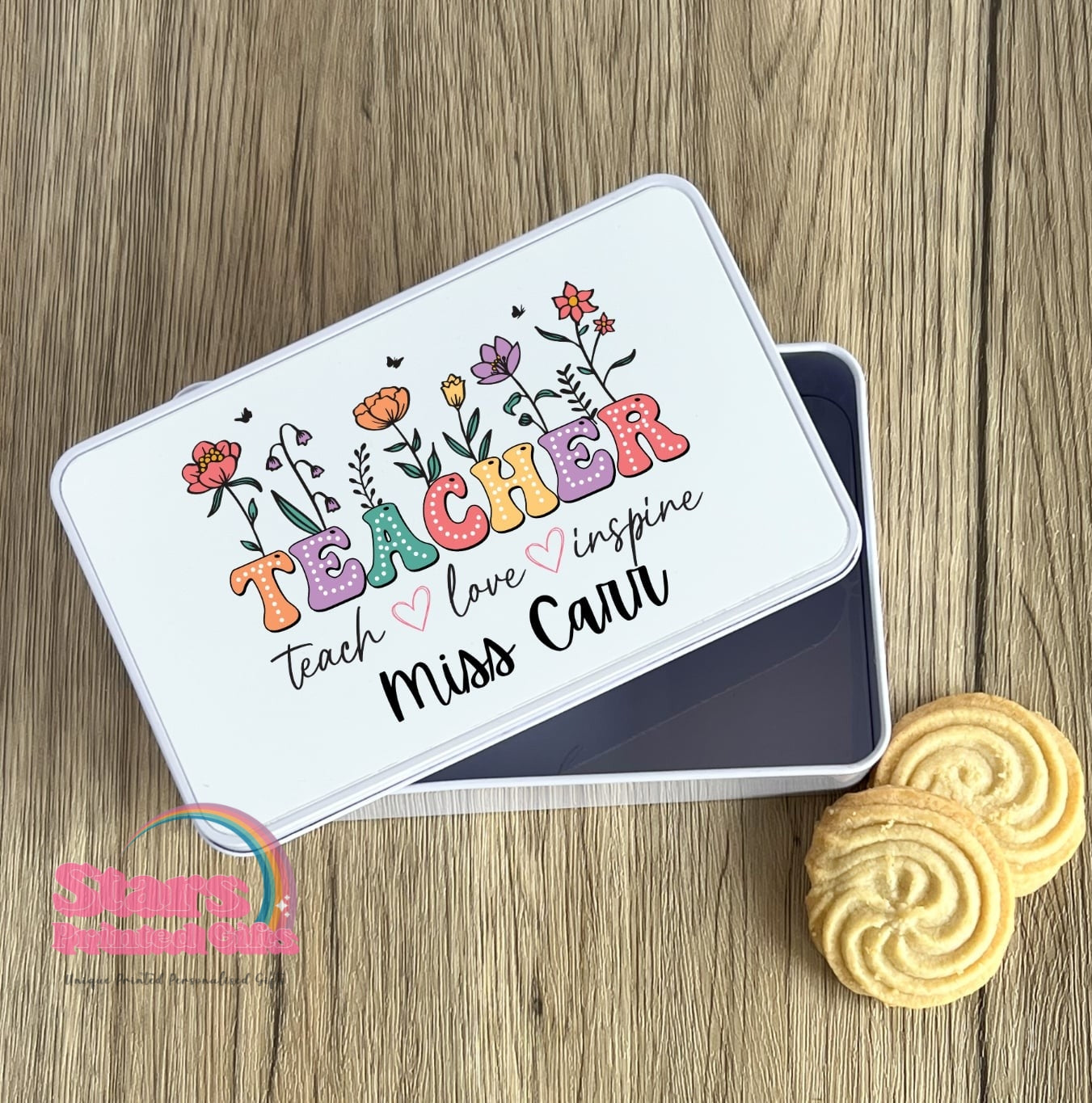 Personalised Teacher Metal Tin Box | Custom Rectangle Pencil Tin for Stickers, Pens & Pencils | Stationery Storage Box |Teach Love Inspire