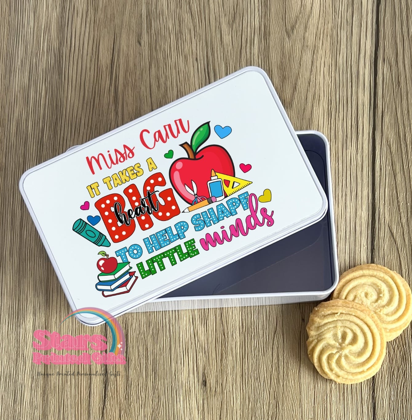 Personalised Teacher Metal Tin Box | Custom Rectangle Pencil Tin for Stickers, Pens & Pencils | Stationery Storage Box- Big Heart