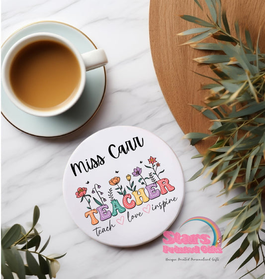 Personalised Teacher Ceramic Coaster – Teacher | Custom Name Gift for Teachers, End of Year Gift, Desk Decor - Teach Love Inspire