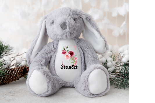New Baby Gift, Pinky Red Floral Personalised Plush Bunny, Personalised Keepsake Plush Bear, Baby Shower Gift.
