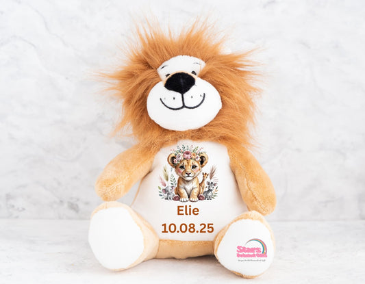 Personalised Birth Stat Plush , Custom Printed Keepsake Bear, Baby Birth Girl Personalised Lion