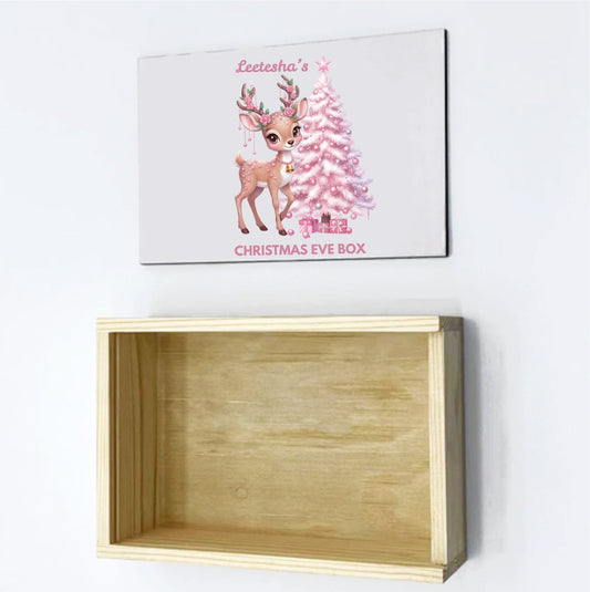 Christmas Eve Personalised Wooden Box With Sliding Lid, Two Sizes, 1st December Custom Box- Pink Reindeer