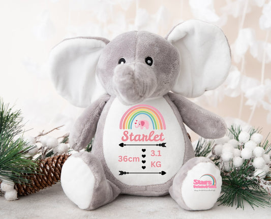 Personalised Elephant Plush, Custom Printed Keepsake Elephant, Birth Stat Bear