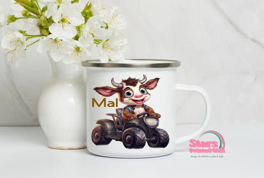 Tractor Cow Personalised Printed Enamel Mug