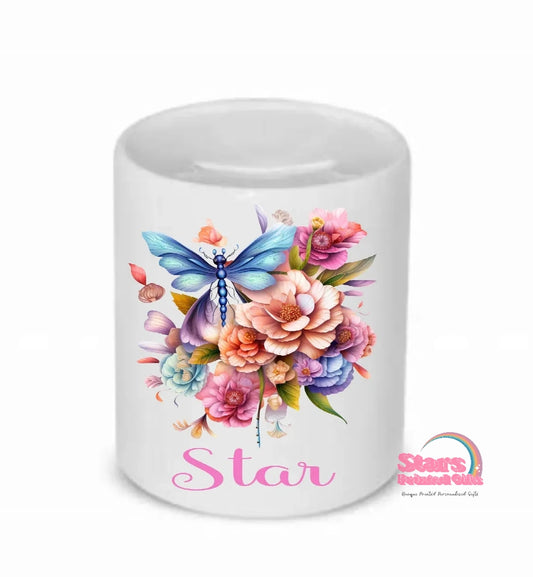 Floral Dragonfly Personalised Printed Money Box