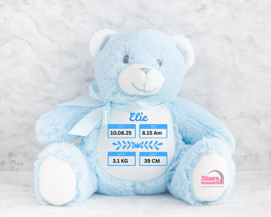 Personalised Birth stat Plush , Custom Printed Keepsake Bear, Baby Announcement Blue Bear