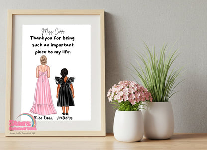 Personalised Teacher Artwork, Custom Teacher Portrait , For Childcare Teacher, Digital Print, Printed or Framed Gift.