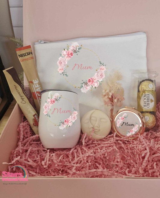 Mothers Day Gift Hamper ,Personalised Pink Wreath Coffee Lover Hamper,Gift For Her.
