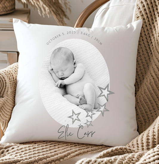 Personalised Baby Birth Stats Photo Pillow Case with Insert | Newborn Keepsake Gift  | Nursery Decor Baby Pillow- Silver Stars