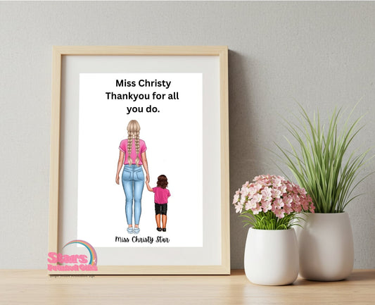 Personalised Teacher Artwork, Custom Teacher Portrait , For Childcare Teacher, Digital Print, Printed or Framed Gift.