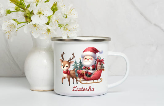Personalised Enamel Mug ,Kids Christmas Mug, Christmas Eve Box Gift, 1st December Box Gift, Custom Camping Mug, Cup For Kids- Santa Reindeer