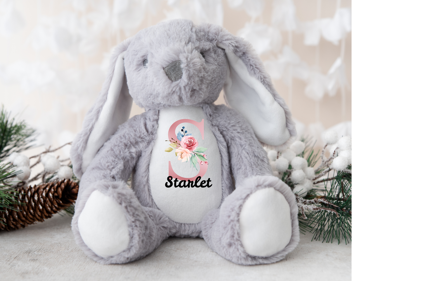 Pinkish Floral Personalised Plush Bunny, Personalised Keepsake Plush Bear, Kids Birthday Gift, Kids Personalised  Christmas Gift.