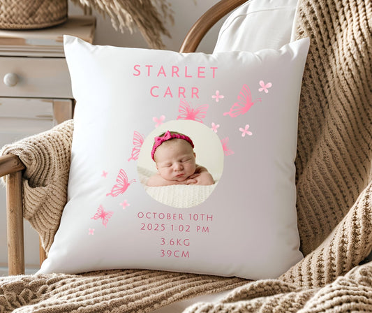 Personalised Baby Birth Stats Photo Pillow Case with Insert | Newborn Keepsake Gift  | Nursery Decor Baby Pillow- Butterfly