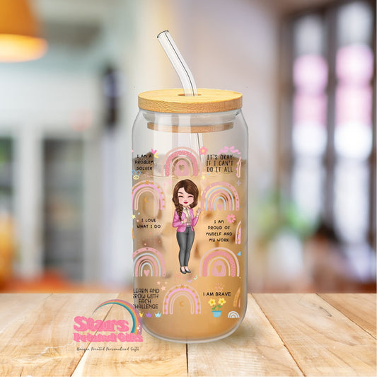 Personalised Teacher Libby Glass | Custom Iced Coffee Cup with Bamboo Lid & Straw | End of Year Teacher Gift , Custom Teacher Gift- Rainbow Teacher