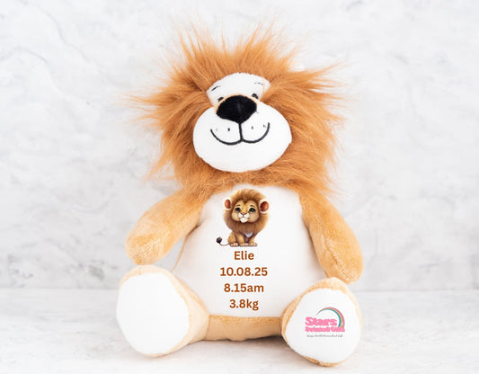 Personalised  Birth Stat  Plush , Custom Printed Keepsake Bear,  Baby Birth Boy Personalised Lion