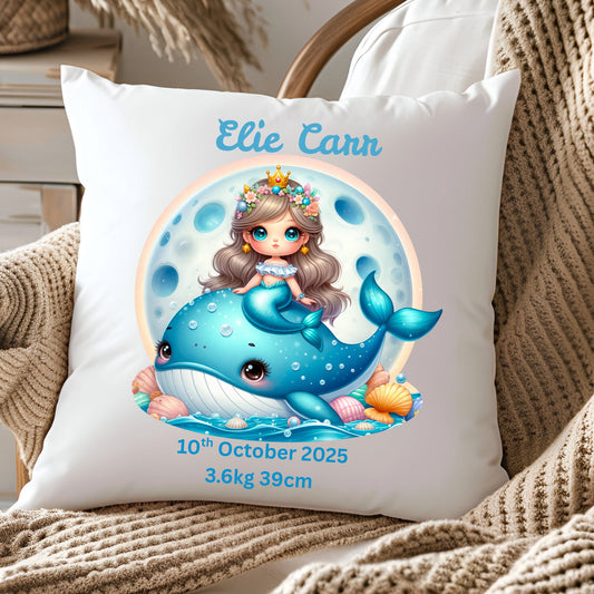 Personalised Baby Birth Stats Pillow Case with Insert | Newborn Keepsake Gift  | Nursery Decor Baby Pillow- Mermaid Whale