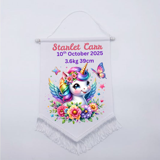 Personalised Baby Birth Stat Bunting Flag | Custom Name Nursery Decor | Newborn Wall Banner | Baby Shower Gift- Unicorn
