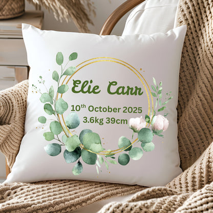 Personalised Baby Birth Stats Pillow Case with Insert | Newborn Keepsake Gift  | Nursery Decor Baby Pillow- Greenery