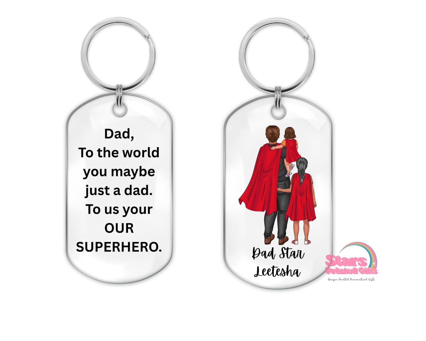 Personalised Dog Tag Keyring, Custom  Photo & Name Keychain, Custom Printed Gift- Super Dad Chibi Backview