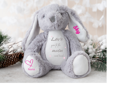 New Baby Gift, Love You To Moon Quote,  Personalised Plush Bunny,Personalised Keepsake Plush Bear, Baby Shower Gift.