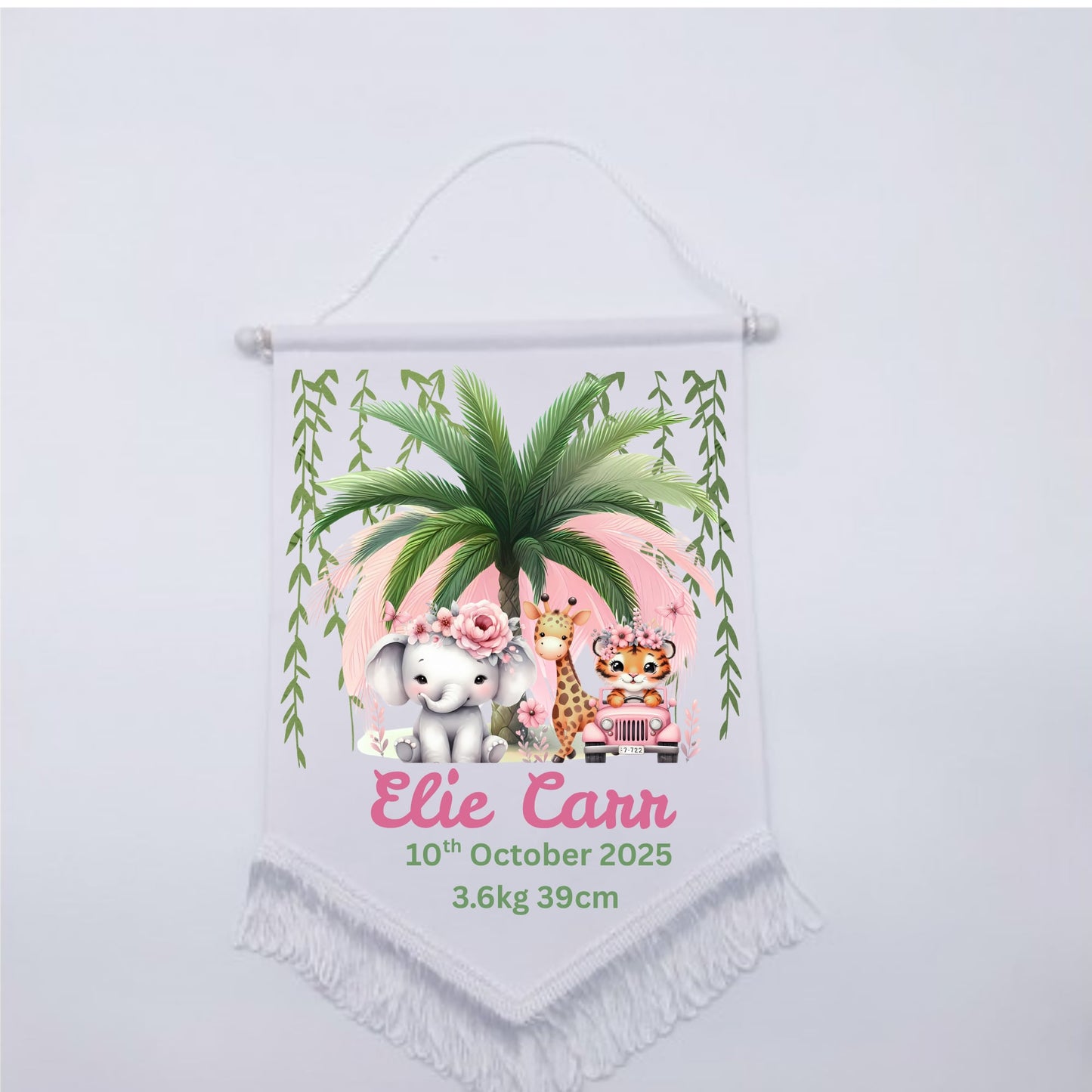 Personalised Baby Birth Stat Bunting Flag | Custom Name Nursery Decor | Newborn Wall Banner | Baby Shower Gift- Pink Safari