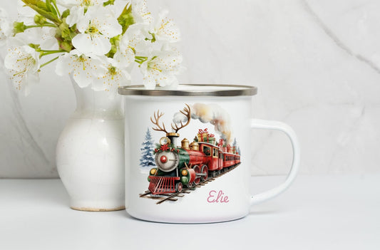 Personalised Enamel Mug ,Kids Christmas Mug, Christmas Eve Box Gift, 1st December Box Gift, Custom Camping Mug, Cup For Kids- Christmas Train