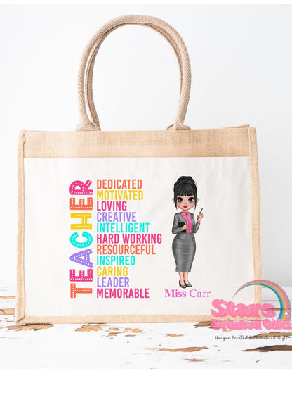 Personalised Jute Tote Bag | Eco Friendly Reusable Shopping Bag | Custom Name Gift for Teachers - Teacher