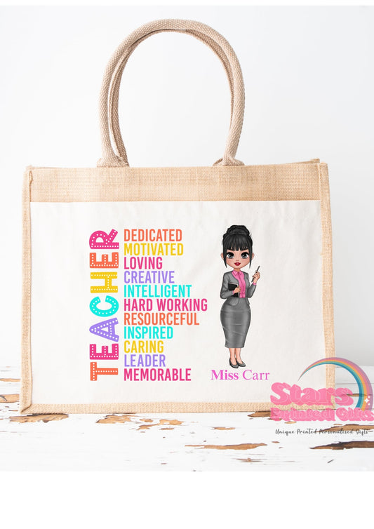 Personalised Jute Tote Bag | Eco Friendly Reusable Shopping Bag | Custom Name Gift for Teachers - Teacher