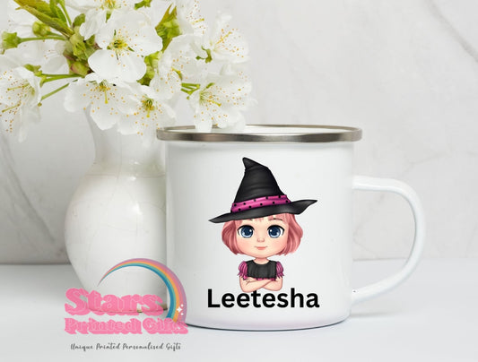 Personalised Halloween Enamel Mug, Spooky custom Mug, Trick or Treat Gift- Folded Arms