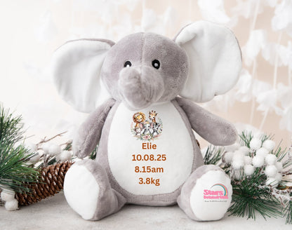 Personalised Elephant Plush, Custom Printed Keepsake Elephant, Safari Birth Stat Bear