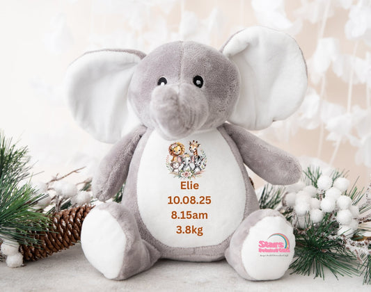 Personalised Elephant Plush, Custom Printed Keepsake Elephant, Safari Birth Stat Bear