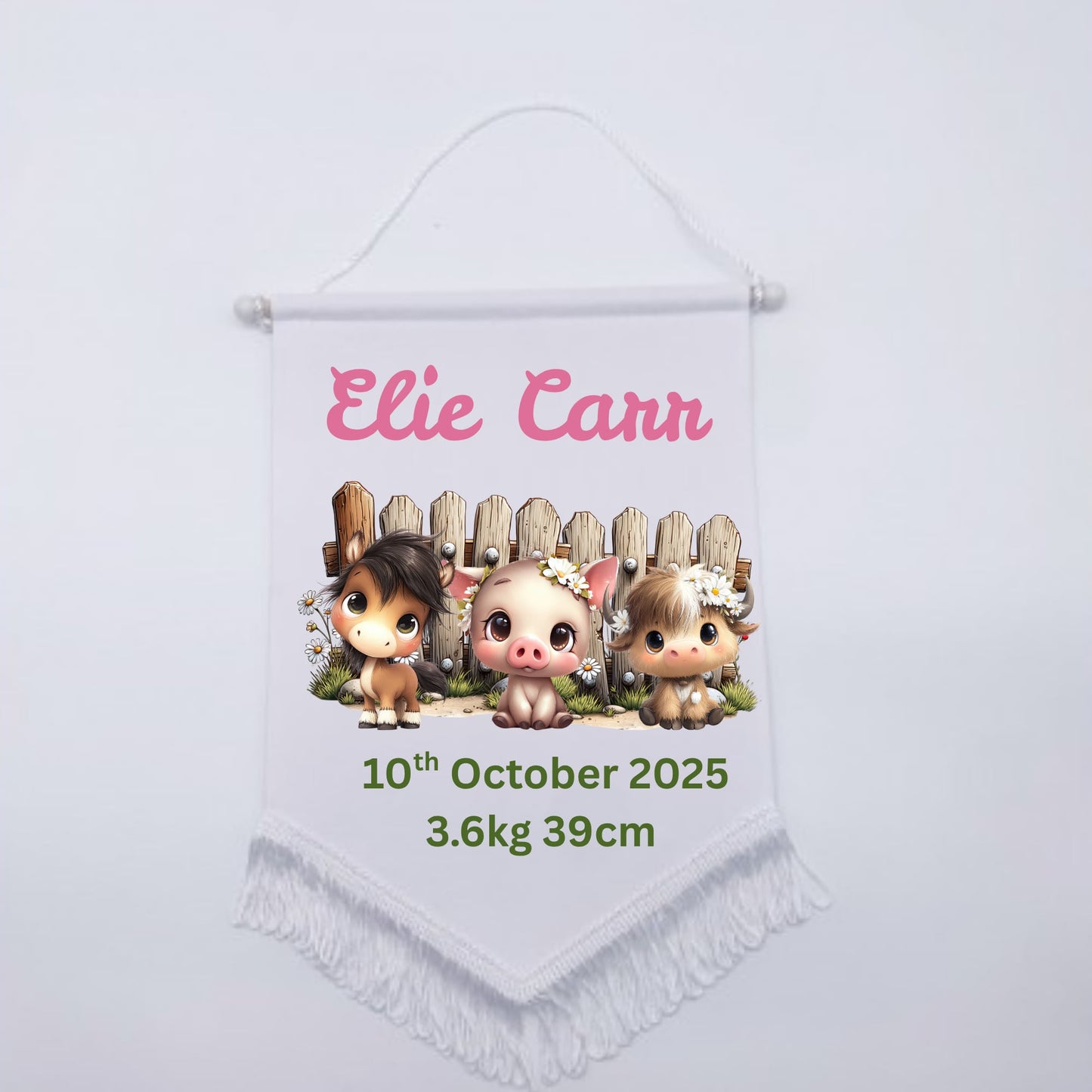 Personalised Baby Birth Stat Bunting Flag | Custom Name Nursery Decor | Newborn Wall Banner | Baby Shower Gift- Floral Farm