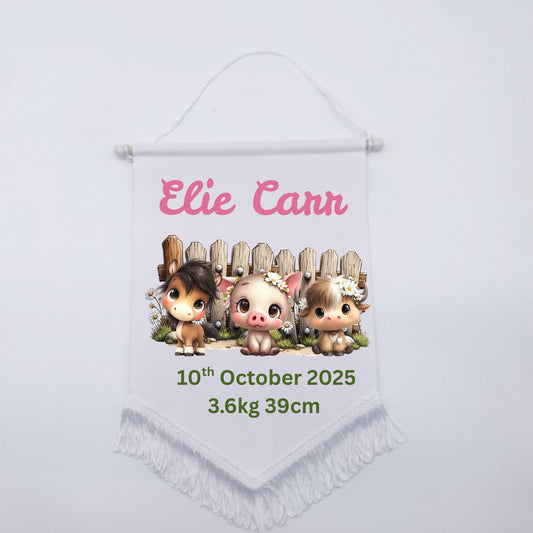 Personalised Baby Birth Stat Bunting Flag | Custom Name Nursery Decor | Newborn Wall Banner | Baby Shower Gift- Floral Farm