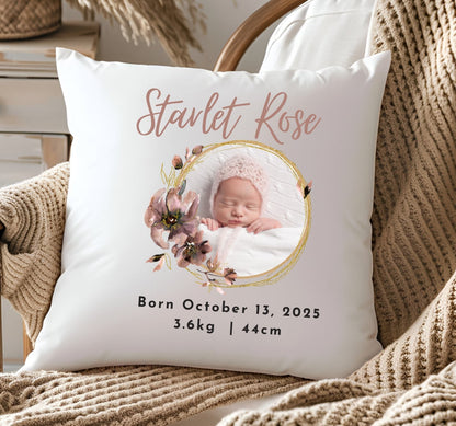 Personalised Baby Birth Stats Photo Pillow Case with Insert | Newborn Keepsake Gift  | Nursery Decor Baby Pillow- Boho Flowers