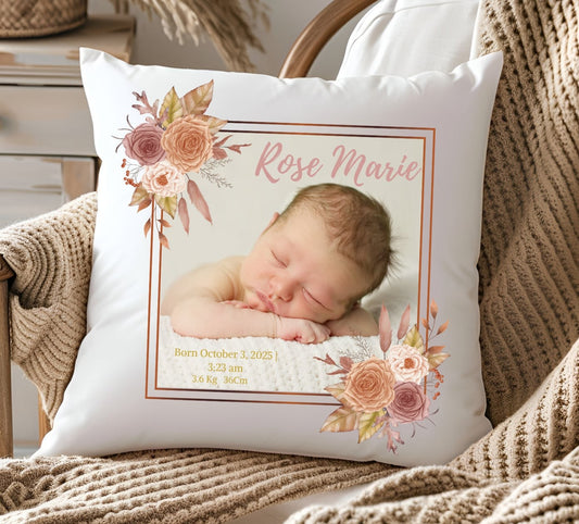 Personalised Baby Birth Stats Photo Pillow Case with Insert | Newborn Keepsake Gift  | Nursery Decor Baby Pillow- Boho Wreathe